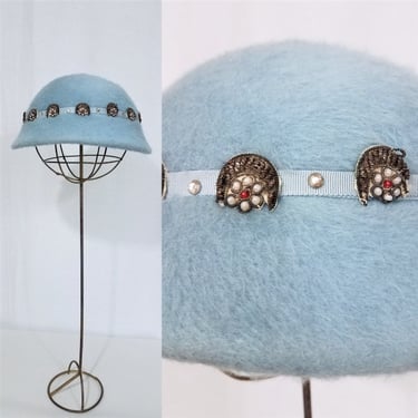 1950's Baby Blue Fur Felt Wool Capulet Hat I Plush I Rhinestones I Sz 19.5