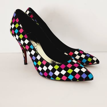 1980s High Heel Shoes Colorful Checked Print Pumps Fredericks of Hollywood size 8.5 
