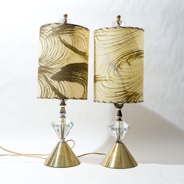 Mid Century Table Lamps with Crystals and Rawhide Shades, Black Swirl, 1950s 