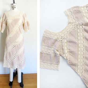 Vintage 60s Lace Dress Dress S - 1960s Pale Pink Cream Bohemian Pintuck Textured Hippie Dress - Romantic Boho Sundress 
