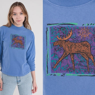 Moose T-Shirt 90s Blue Long Sleeve T Shirt Retro Animal Wildlife Petroglyph Graphic Tee Screen Print TShirt Cotton Top Vintage 1990s Medium 