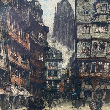 Luigi Kasimir European Street Scene Signed Colored Etching Print 