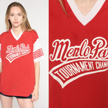 80s Baseball Shirt 1982 Menlo Park San Francisco Tshirt Tournament Champs Ringer Tee Athletic Sports V Neck Vintage 1980s Red Extra Large xl 