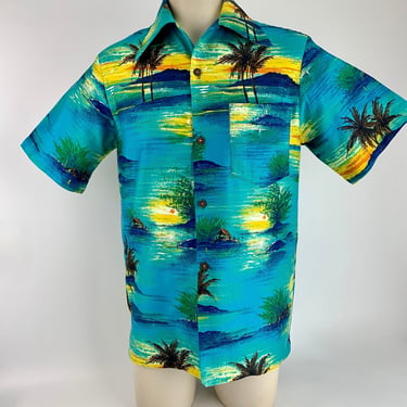 1960s-70s Hawaiian Shirt - PENNEY'S HAWAIIAN Label - Polished Cotton - Coconut Shell Buttons - Hawaiian Sunset w/ Palm Trees - Men's Medium 