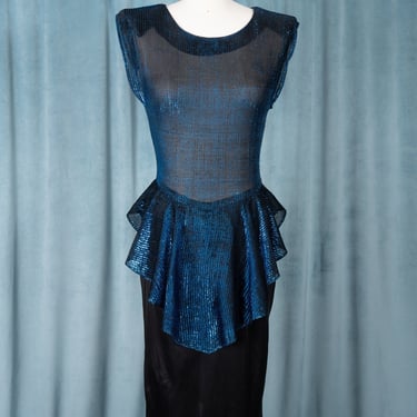 Vintage 80s T Juniors Blue Glittery Metallic Peplum Dress with Padded Shoulders 