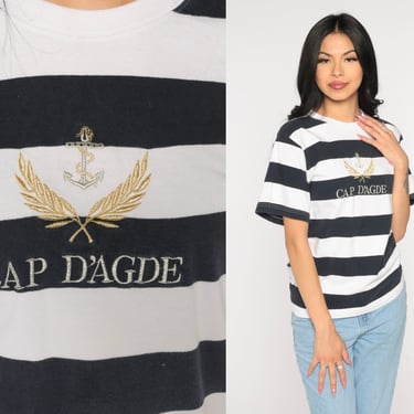 Cap D'Agde Shirt 90s Striped Nautical Tshirt French Resort Anchor Crest Embroidered Graphic Tee Retro Tourist T-Shirt Vintage 1990s Small S 