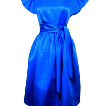 Wrap Dress, Vintage Giorgio Sant Angelo Wrap Dress, Size 6 Women, Blue Satin, Pleated Skirt 