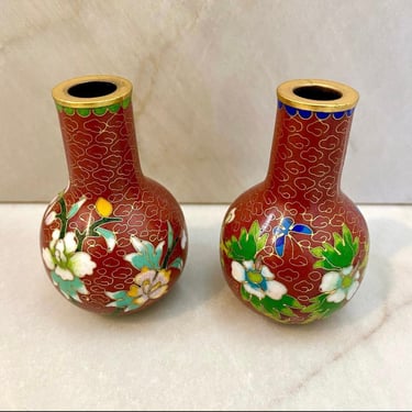 Pair of Brass and Enamel Cloisonné Bud Vases 