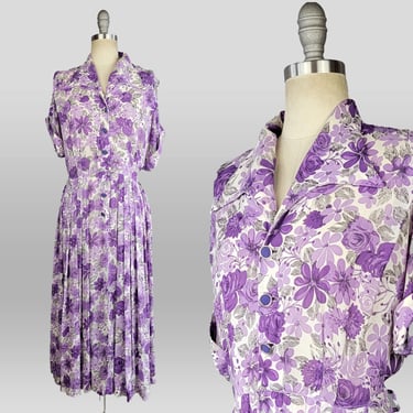 1950s Dress / 1950s Purple Dress / Floral Sheer Silk Crepe Dress / 1950s Day Dress / 1950s Floral Dress / Size XL Extra Large Plus Size 