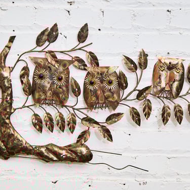 Mid Century Brutalist Owl Brass and Copper Wall Sculpture