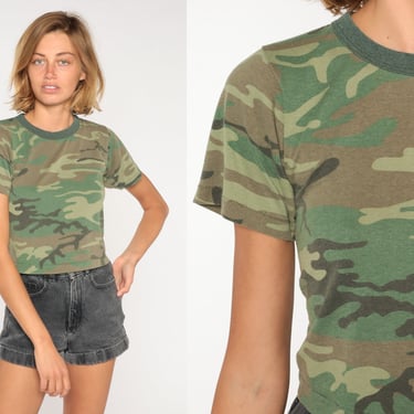 Camo Shirt 80s 90s Camouflage T-Shirt Military Short Sleeve Baby Tee Army Green Plain Retro Streetwear Basic Crop Top Vintage Extra Small xs 