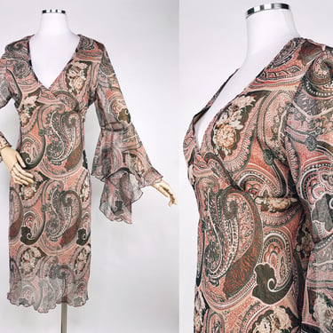 Vintage 90s Natural Muted Color Paisley Chiffon Spring Dress w Giant Sheer Bell Sleeves & Plunging Neckline by Sense USA | Romantic, Floral 
