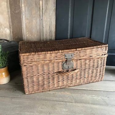 Antique French Malle Trunk, Large Hamper Basket, Flat Top Chest Style, Storage, Brass Handle, French Farmhouse 