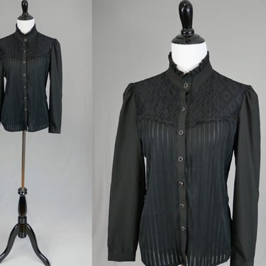 Vintage Black Blouse with Lace - Raised Neck with Thin Ruffle Trim - Long Sleeves - M 39