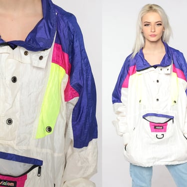 Color Block Windbreaker Jacket 90s Jacket White Purple Neon Jacket Fluorescent Yellow Vintage 80s Highlighter Extra Large xl 