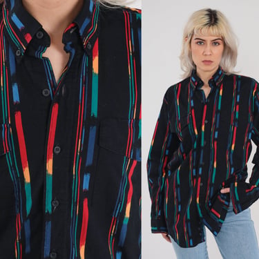 Striped Western Shirt 90s Black Button Up Shirt Roper Collared Long Sleeve Vertical Stripes Print Rodeo Cowboy Vintage 1990s Mens Large L 