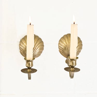 pair of vintage french brass shell candle sconces