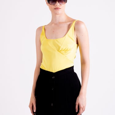 Vintage Gianni Versace 1990s Lemon Yellow Ruched Bustier Style Tank with Diagonal Panels 90s Thin Strap Minimal 