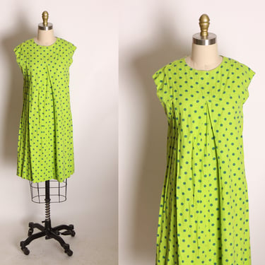 1960s Bright Green and Navy Blue Cap Sleeve Polka Dot Shift Dress -M 