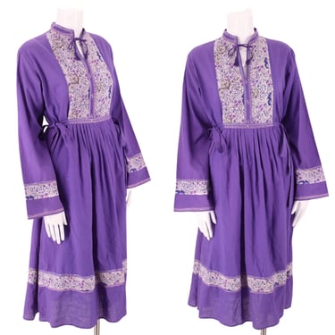 70s purple block print cotton peasant dress M / vintage 1970s hippy festival caftan adini phool 