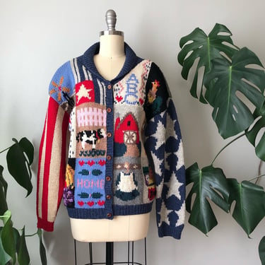 Vintage 1989 Eagles Eye Novelty Knit Cardigan / Home American Knit Sweater / Small- Medium by Ru
