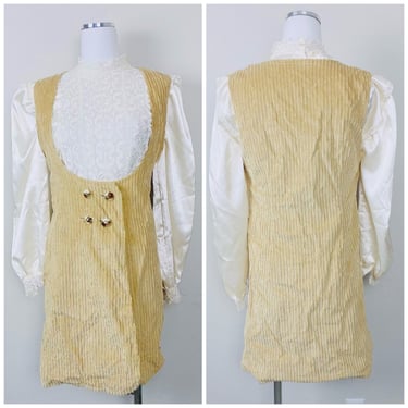 1960s Vintage Khaki / Tan Corduroy Dress / 60s / Sixties Double Breasted Pinafore / Overalls Mini Dress / Size Medium 