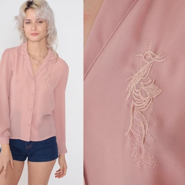 Blush Pink Blouse 80s Embroidered Peacock Bird Semi-Sheer Button up Top Long Sleeve Shirt Boho Romantic Feminine Vintage 1980s Small S 
