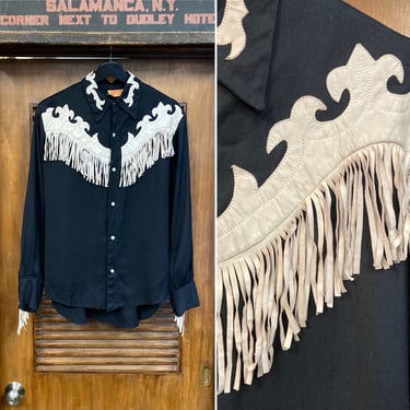 Vintage 1950’s Jet Black “Ranch-Man” Rayon Gabardine Western Cowboy Fringe Rockabilly Shirt, 50’s Vintage Clothing 