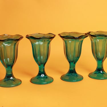 Set of 4 Vintage 70s Teal Crystal Glass Goblet Sundae Glasses Tulip Cups 