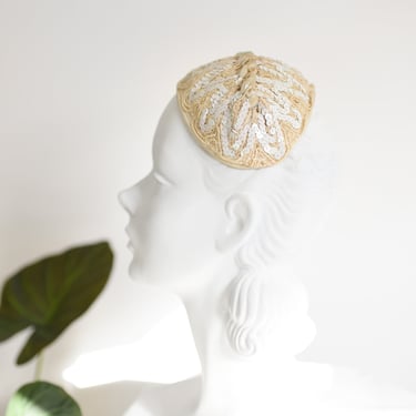 1950s Cream Sequin Headband Hat 