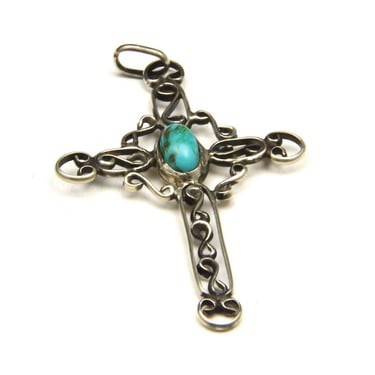 Vintage Cross Pendant Sterling Silver Scroll Work & Natural Turquoise 