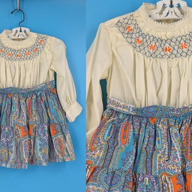 Polly Flinders 70s Girl's Size 6 Smocked Long Sleeve Dress 