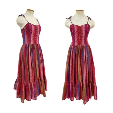 Vintage 1970s Adini Designer Paper Thin Metallic Indian Gauze Plaid Sun Dress 