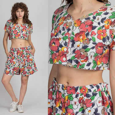 Large 80s Reworked Floral Grunge Set | Vintage Crop Top & High Waisted Shorts 