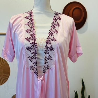 Pink 70s Vintage Silky Floral Lace Trim Short Sleeve Lingerie Robe 