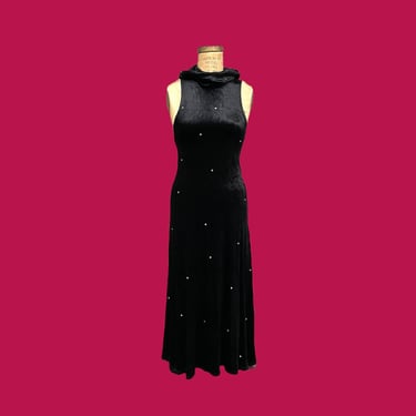 Vintage Maxi Dress Retro 1990s Alley Cat by Betsey Johnson + Crushed Velvet + Hooded + Y2K + Rhinestones + Sleeveless + Womens Apparel 