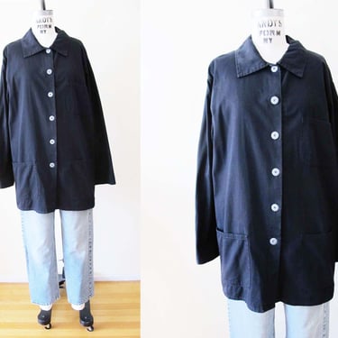 Vintage Faded Black Chore Coat Jacket M L  - 90s Slouchy Oversized Simple Minimal Solid Color Coat 
