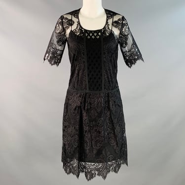 BURBERRY Size XS Black Lace Short Sleeve Drop Waist Knee Length Cocktail Dress