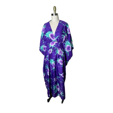 Vintage 80’s Isana Casuals Women’s Tropical Caftan Dress Polyester Floral Hawaiian Purple size m 