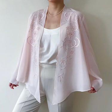 vintage duster embroidered floral beaded sequin vintage shirt vintage top vintage blouse pink blush asymmetrical lightweight size L 