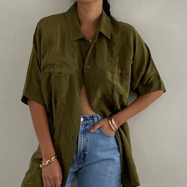 90s silk safari blouse / vintage Ellen Tracy olive moss green belted tunic safari blouse | Large 