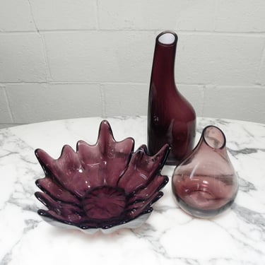 Group of 3 Beautiful Vintage Purple Art Glass 