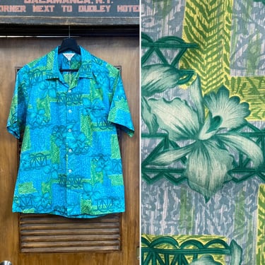 Vintage 1950’s -Deadstock- Tiki Floral “Kona Kai” Cotton Mod Hawaiian Shirt, 50’s Loop Collar Shirt, Vintage Clothing 