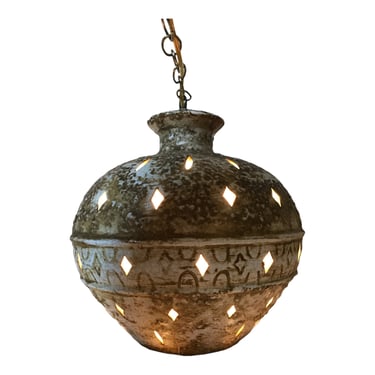 Mid-Century Large Pierced Ceramic Hanging Swag Lamp | Earthtone Brutalist Lava Pottery Art Lighting 