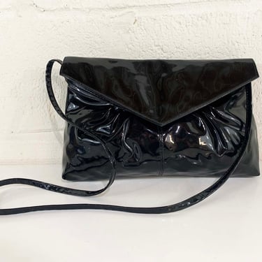 Vintage Black Patent Faux Leather Purse Crossbody Shoulder Bag Handbag Retro Strap Evening Party Cocktail New Year's 1980s 80s 