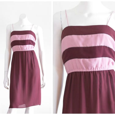 Vintage 1970s Maroon and Pink Dress | Striped Bodice | Spaghetti Strap 