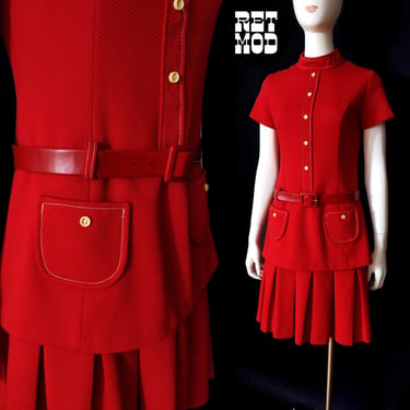 Mod Dream Vintage 60s 70s Drop Waist Top Stitch Poly Day Dress 