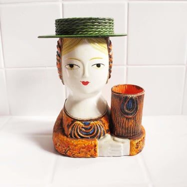 Mid Century Lipstick Makeup Caddy Holder - Woman Head Quirky Tabletop Decor Statue Figurine - Gemma Taccogna Paper Mache 