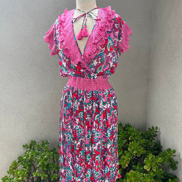 Vintage 80s knife pleat floral ruffle dress pinks Paisley print by Diane Freis size small 