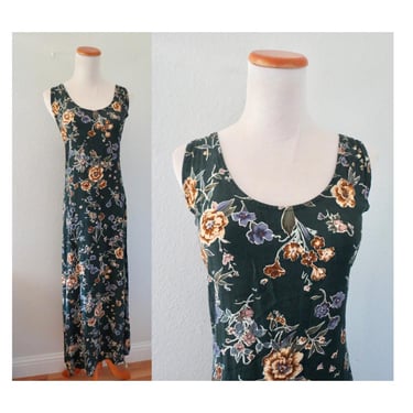 Vintage 90s Maxi Dress - Express Green Floral Print Sleeveless Rayon Sundress - Size Large 